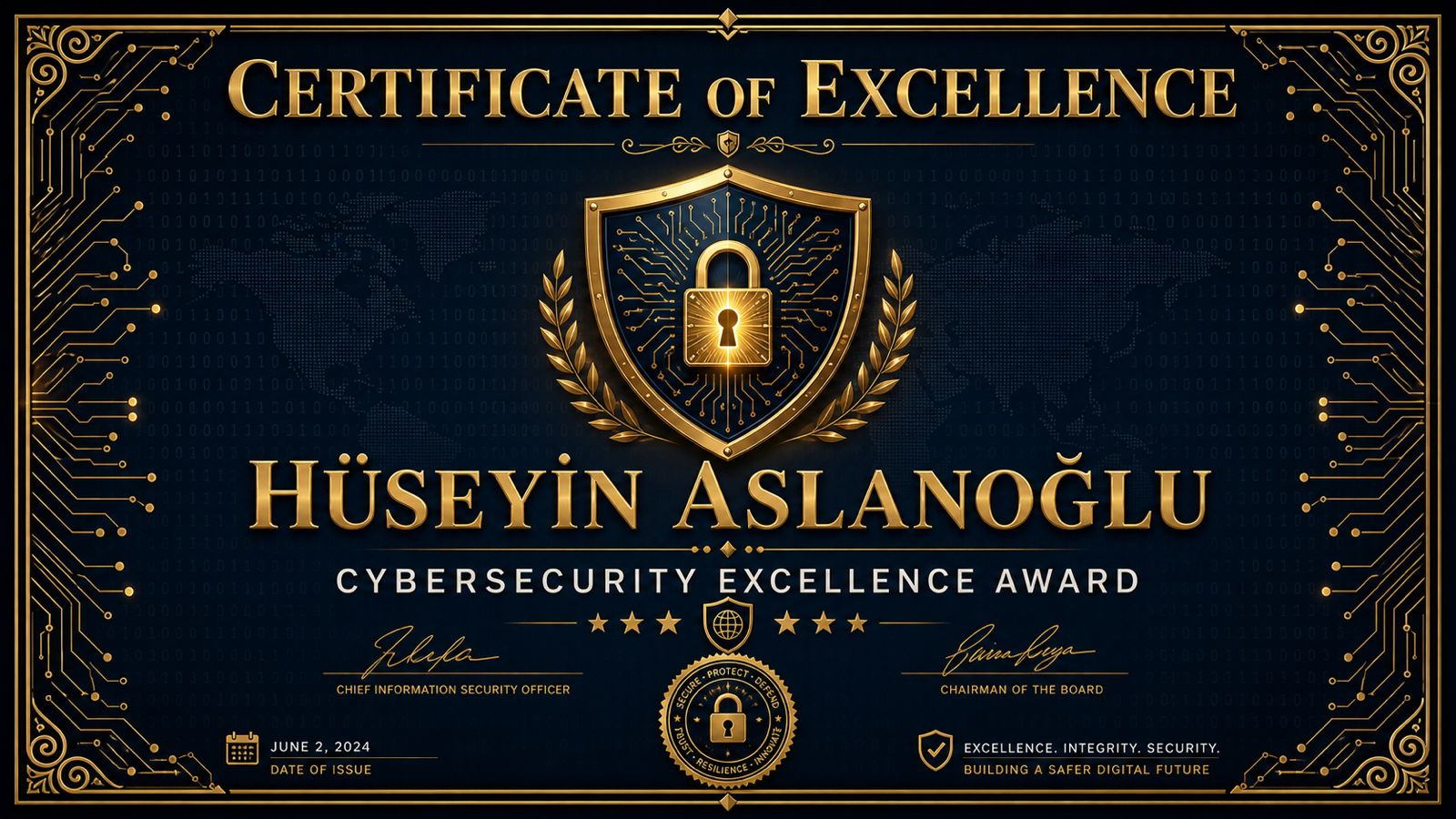 Cybersecurity Excellence Award certificate sample